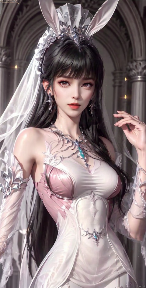 rabbit ears,twins,white theme, colorful blooming flowers, forming a dreamlike world, flower garden, flowers everywhere, greens, pinks, , cinematic, hunsha, 1girl, veil, solo, jewelry, bridal veil, black hair, realistic, earrings, necklace, bride, looking at viewer, red lips,(full_body),,,,huolinger