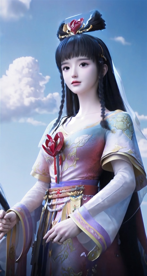 (Masterpiece, best quality: 1.4), Wearing a purple veil,absurd, high-resolution, ultra detailed,Girl, (next to a Han Dynasty general, handsome, holding hands), blue sky, peach blossoms, flowers, clouds (extremely high picture quality, exquisite, 8k HD),