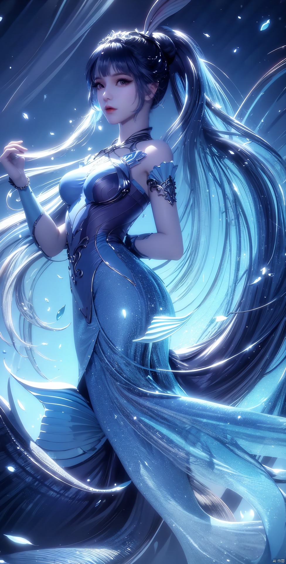 blue hair,blue hair,blue hair
,HD quality, half body, mermaid features, blue mermaid costume, mermaid tears, long blue hair, blue eyes, mermaid, 1 girl, xwhd