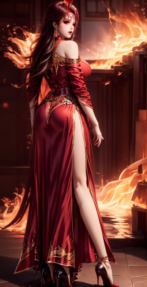 red hair,phoenix wings,fiery wings,fiery background,flame,1girl, solo, long hair, red dress, long legs, high heels, exquisite and gorgeous clothes, charming smile,conservative conservative conservative clothes, jmai,