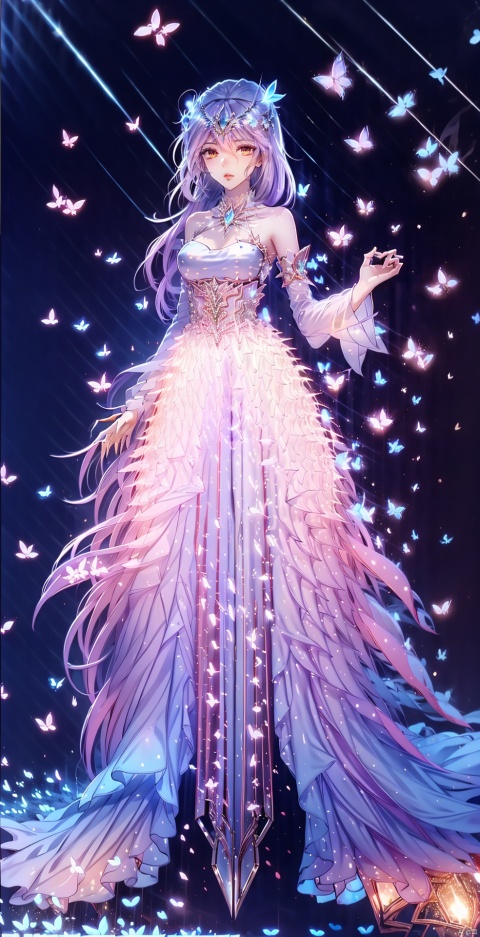 ,Waisted DRESS,blue butterfly,starry sky,short dress,short dress, ,1girl, solo, long hair, ,, gauze skirt, dress studded with sparkling diamonds, charming smile, crystal heart, high heels,long legs,The dress was studded with small pearls, xuer hologram Laser dress, twt