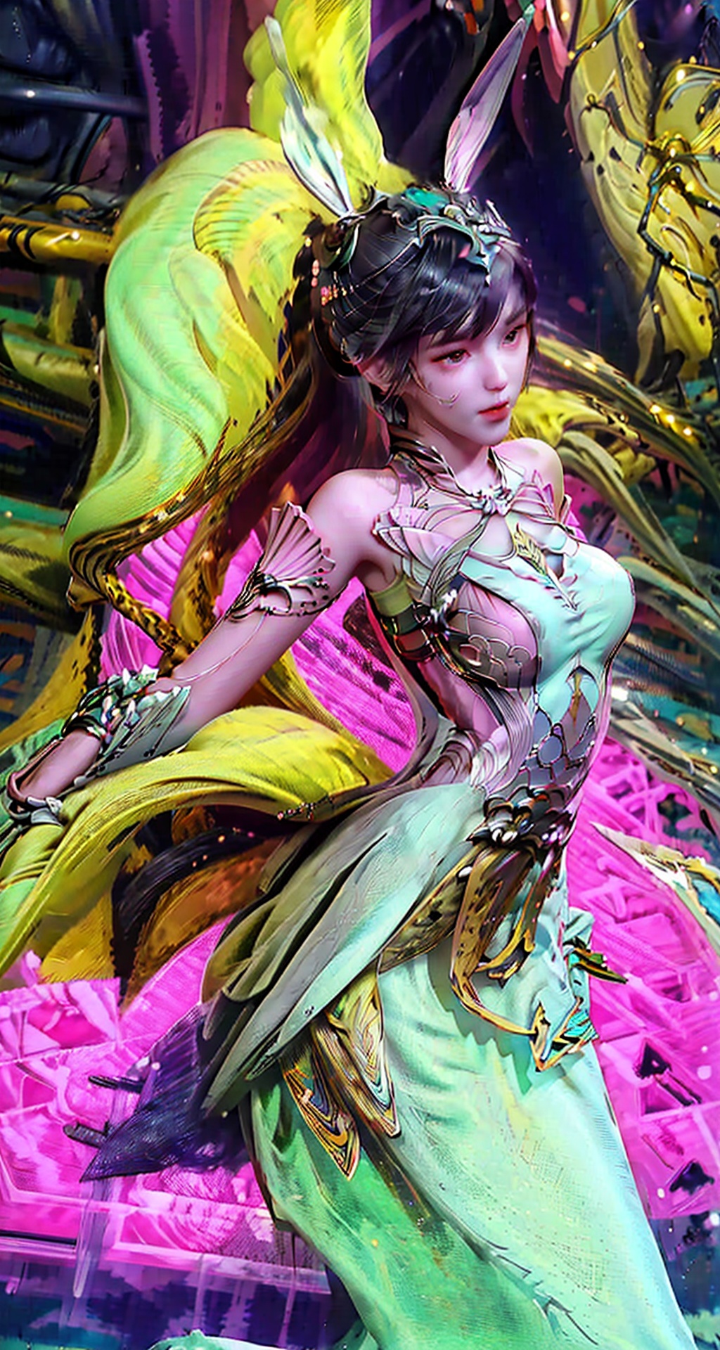 dark theme,zhongfenghua, (1girl:1.2), (masterpiece,top quality,best quality,official art,beautiful and aesthetic:1.2), (geometric abstract background:1.4), esoteric,depth of field(zentangle, mandala, tangle, entangle), (colorful:1.1), (floating colorful sparkles), (dynamic pose), (dynamic angle:1.4), glowing skin,elegant, a brutalist designed, vivid colours, romantici**, Samoan pond, Fluid Moving well-built girl, Fall, expressive brush strokes, Swirling,yuyao,1 girl,gonggongshi,dress,shuishen,baiguangying,wedding dress,cyborg,hf_xy,hand101,Pink Mecha