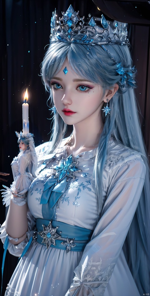  blue hair,blue hair
,1girl, solo, long hair, blue eyes, dress, jewelry, very long hair, indoors, white dress, bracelet, crown, candle, snowflakes,
simple background, blurry, no humans, blue background, gem, ice, blue theme, crystal, still life
  