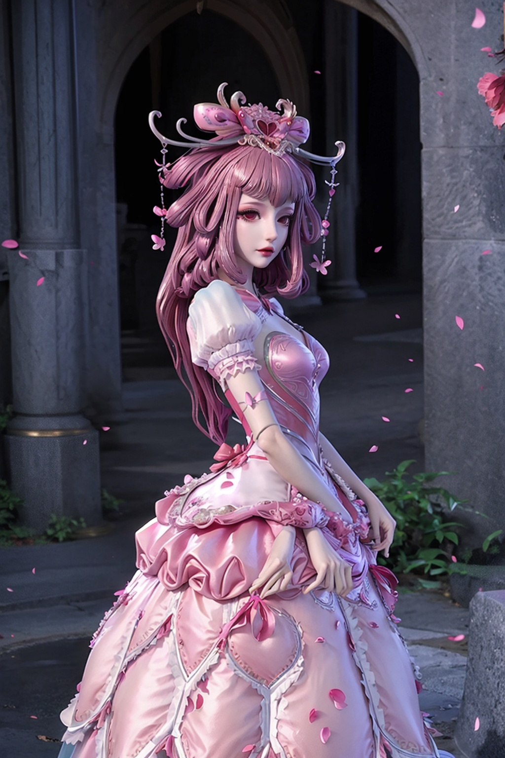 ,1girl,solo,(gown:1.4),(pink dress:1.4),(dress:1.2),hair ornament,(full body:0.3),masterpiece,(best quality),official art,extremely detailed cg 8k wallpaper,((crystalstexture skin)),(extremely delicate and beautiful),highly detailed,petals,petals_on_liquid,cherry_blossoms,hair_ornament,flower,rose_petals,day,looking_at_viewer,