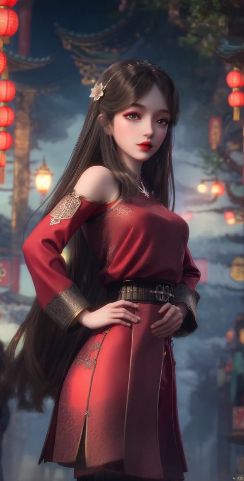 black hair,red skirt,red skirt,red skirt,1girl, long hair, looking at viewer, , bangs, hair ornament, long sleeves, dress, closed mouth, flower, hair flower, blurry, blurry background, chinese clothes, red dress, chinese new year,HAPPY NEW YEAR,hand_on_hip, bare shoulders,A slim figure, yunxi,1girl, glint sparkle