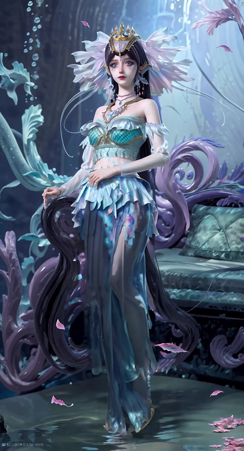  ,1girl,solo,dress,Blue dress,long hair,white hair,blue eyes,jewelry,earrings,(full body:1.5),masterpiece,(best quality),official art,extremely detailed cg 8k wallpaper,((crystalstexture skin)),(extremely delicate and beautiful),highly detailed,petals,petals_on_liquid,cherry_blossoms,hair_ornament,flower,rose_petals,day,looking_at_viewer,(((underwater))),