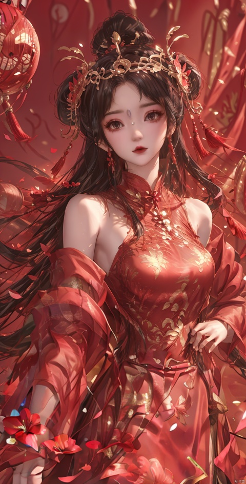  ,black hair,,1girl, long hair, looking at viewer, , bangs, hair ornament, long sleeves, dress, closed mouth, flower, hair flower, blurry, blurry background, chinese clothes, red dress, chinese new year,HAPPY NEW YEAR,hand_on_hip, bare shoulders,A slim figure, hydress-hair ornaments