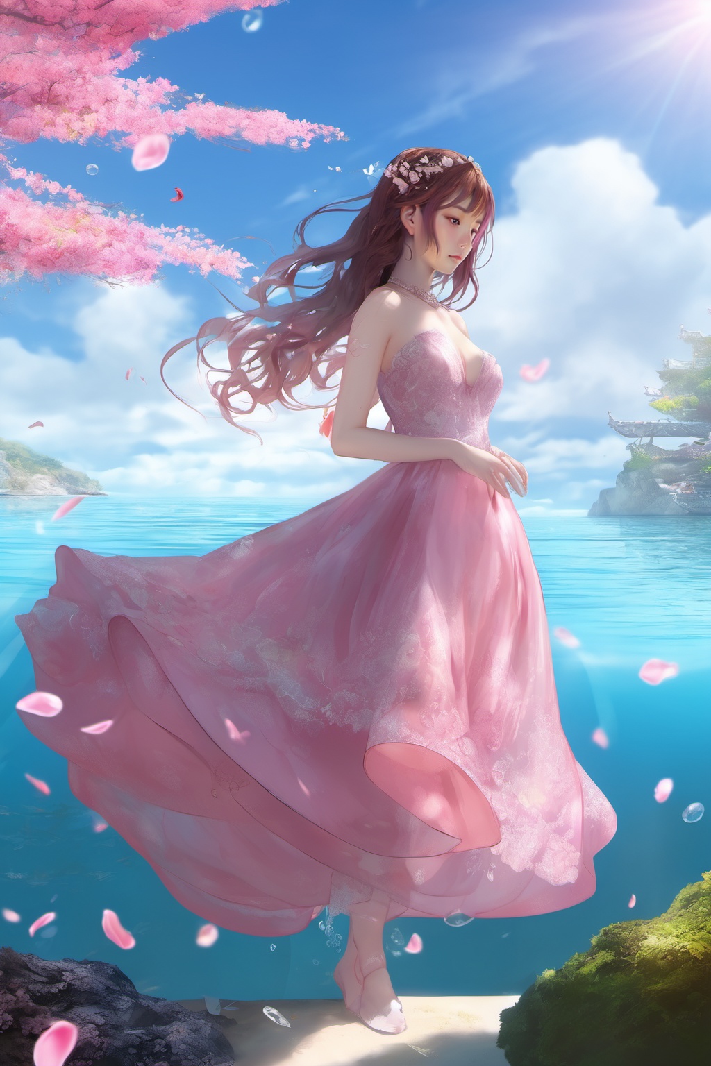 ,1girl,solo,(gown:1.4),(pink dress:1.4),(dress:1.2),hair ornament,(full body:0.3),masterpiece,(best quality),official art,extremely detailed cg 8k wallpaper,((crystalstexture skin)),(extremely delicate and beautiful),highly detailed,petals,petals_on_liquid,cherry_blossoms,hair_ornament,flower,rose_petals,day,looking_at_viewer,(((underwater))),