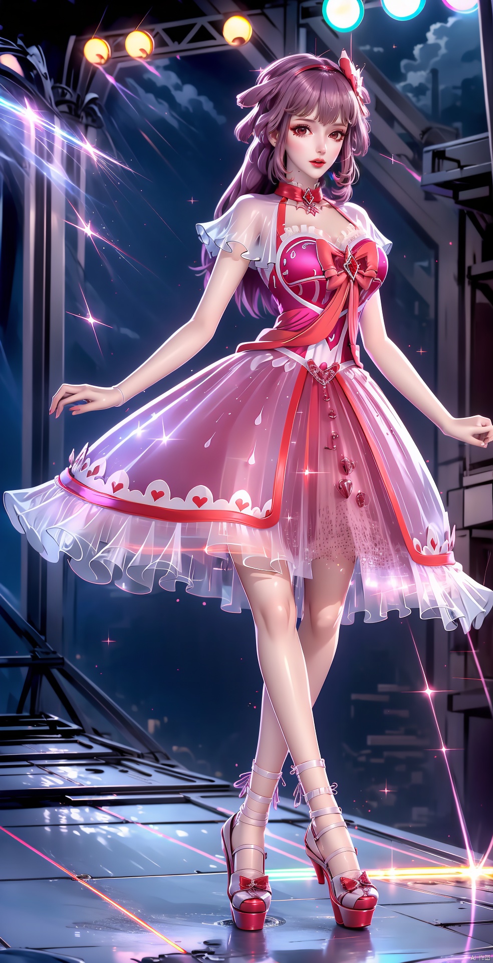  product girl, catwalk (modeling), stage, show, long legs, looking at the audience, charming smile, short skirt, high heels,long hair, xuer hologram Laser dress