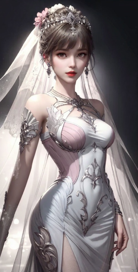 rabbit ears,twins,white theme, colorful blooming flowers, forming a dreamlike world, flower garden, flowers everywhere, greens, pinks, , cinematic, hunsha, 1girl, veil, solo, jewelry, bridal veil, black hair, realistic, earrings, necklace, bride, looking at viewer, red lips,(full_body),,,,huolinger