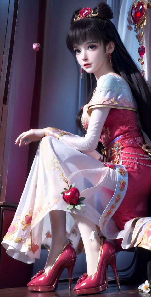 1girl, solo, long hair, looking at viewer, black hair, dress, bare shoulders, jewelry, sitting, full body, flower, earrings, white dress, high heels, from side, white footwear, cherry blossoms, pink dress, hand on own knee