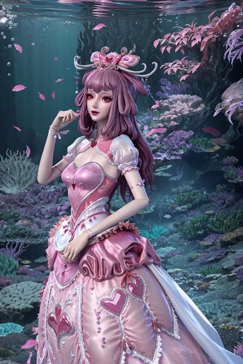  ,1girl,solo,(gown:1.4),(pink dress:1.4),(dress:1.2),hair ornament,(full body:0.3),masterpiece,(best quality),official art,extremely detailed cg 8k wallpaper,((crystalstexture skin)),(extremely delicate and beautiful),highly detailed,petals,petals_on_liquid,cherry_blossoms,hair_ornament,flower,rose_petals,day,looking_at_viewer,(((underwater))),