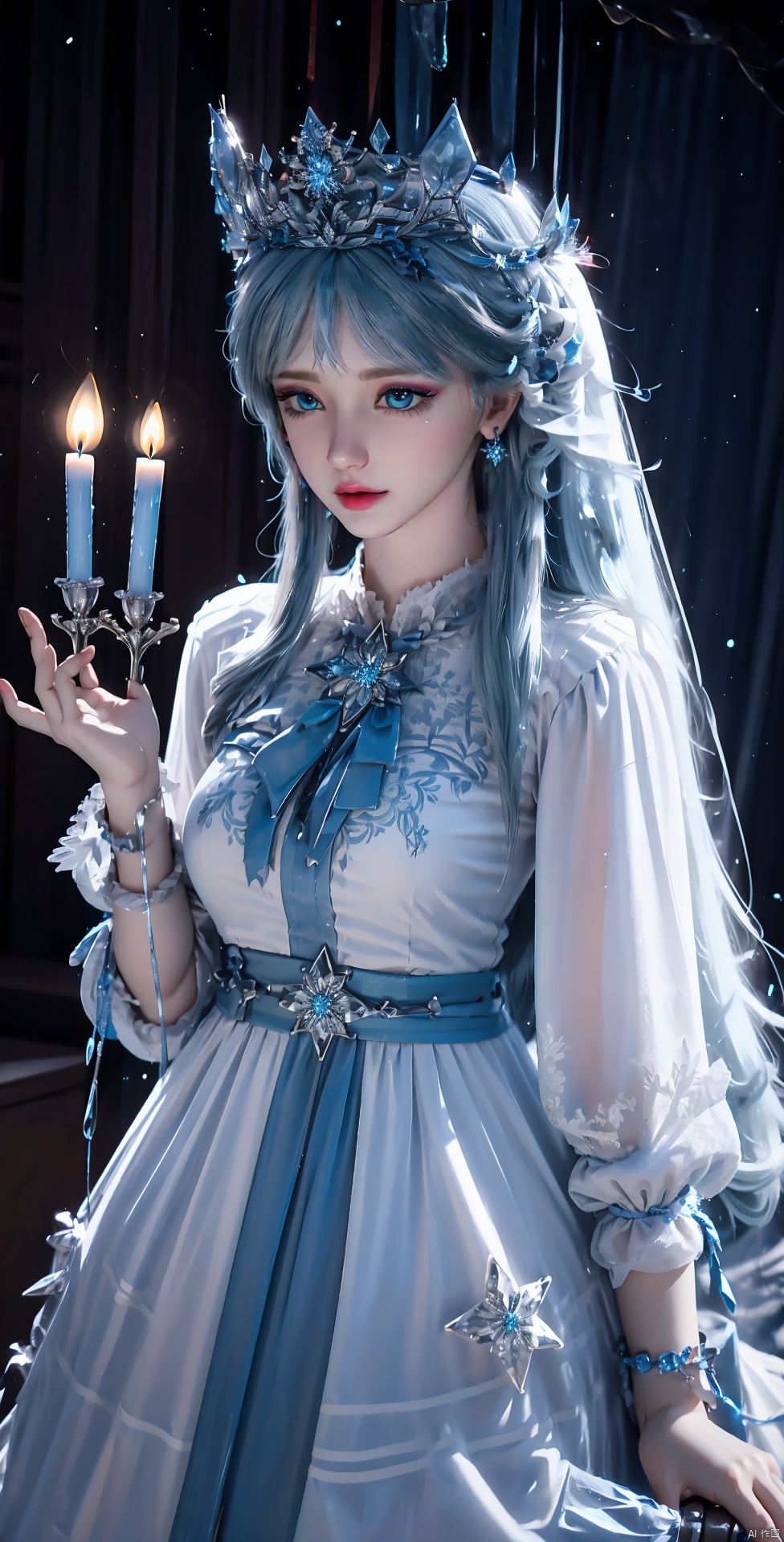 blue hair blue hair,full body
, 1 girl, solo, long hair, blue eyes, dress, jewelry, very long hair, indoor, white dress, bracelets, crown, candles, snowflakes,
simple background, blur, blue background, gems, ice, blue theme, crystal,