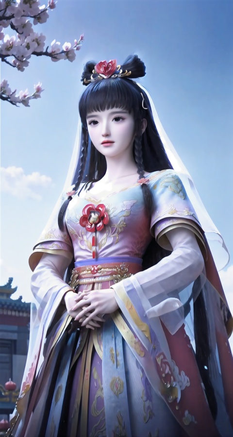 (Masterpiece, best quality: 1.4), Wearing a purple veil,absurd, high-resolution, ultra detailed,Girl, (next to a Han Dynasty general, handsome, holding hands), blue sky, peach blossoms, flowers, clouds (extremely high picture quality, exquisite, 8k HD),