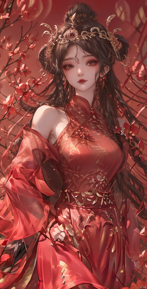  ,black hair,,1girl, long hair, looking at viewer, , bangs, hair ornament, long sleeves, dress, closed mouth, flower, hair flower, blurry, blurry background, chinese clothes, red dress, chinese new year,HAPPY NEW YEAR,hand_on_hip, bare shoulders,A slim figure, hydress-hair ornaments