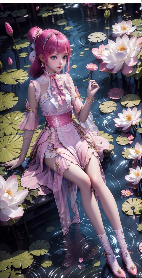 1girl, solo, long hair, breasts, looking at viewer, , dress,, bare shoulders, jewelry, medium breasts, sitting, closed mouth, full body, braid, flower, earrings, sleeveless, water, , see-through, petals, sleeveless dress, pink dress, braided ponytail, rock, long dress, ripples, lily pad, pond