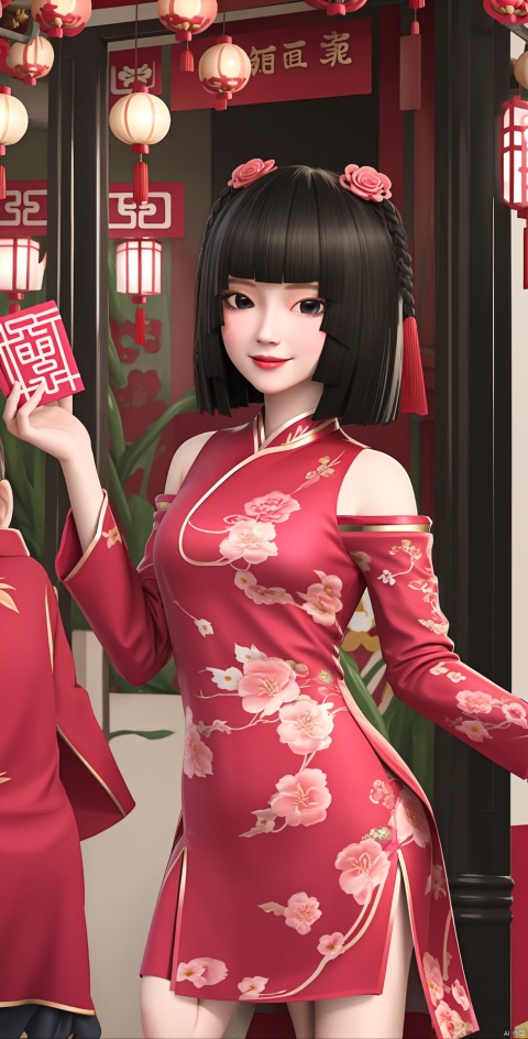  1girl, short hair, looking at viewer, smile, bangs, hair ornament,black hair, long sleeves, dress, closed mouth, flower, hair flower, blurry, blurry background, chinese clothes, red dress, chinese new year,HAPPY NEW YEAR,hand_on_hip, bare shoulders,A slim figure