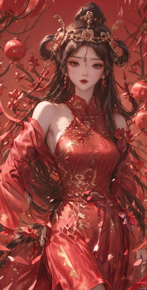  ,black hair,,1girl, long hair, looking at viewer, , bangs, hair ornament, long sleeves, dress, closed mouth, flower, hair flower, blurry, blurry background, chinese clothes, red dress, chinese new year,HAPPY NEW YEAR,hand_on_hip, bare shoulders,A slim figure, hydress-hair ornaments