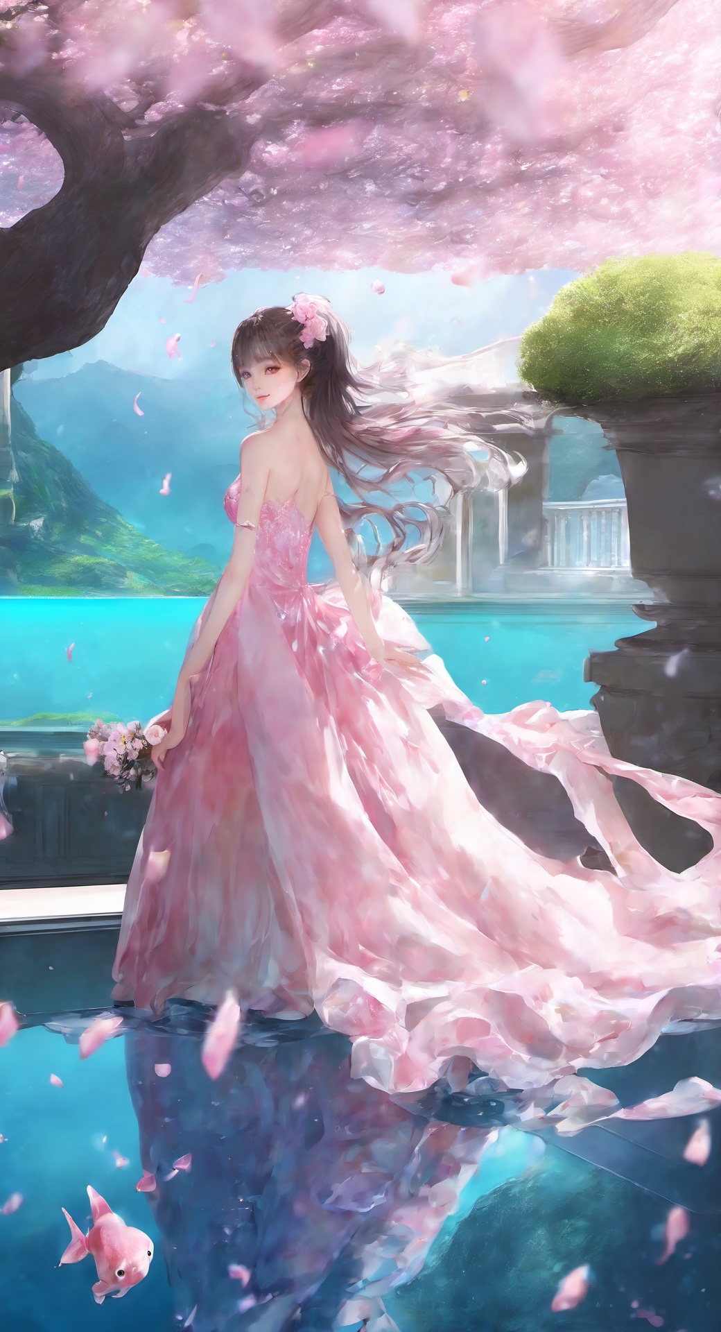  ,1girl,solo,(gown:1.4),(pink dress:1.4),(dress:1.2),hair ornament,(full body:0.3),masterpiece,(best quality),official art,extremely detailed cg 8k wallpaper,((crystalstexture skin)),(extremely delicate and beautiful),highly detailed,petals,petals_on_liquid,cherry_blossoms,hair_ornament,flower,rose_petals,day,looking_at_viewer,(((underwater))), xwhd