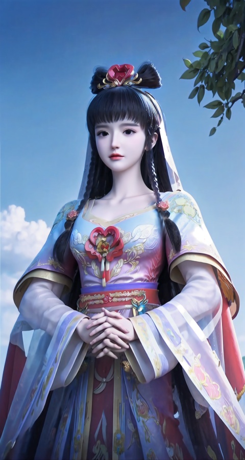 (Masterpiece, best quality: 1.4), Wearing a purple veil,absurd, high-resolution, ultra detailed,Girl, (next to a Han Dynasty general, handsome, holding hands), blue sky, peach blossoms, flowers, clouds (extremely high picture quality, exquisite, 8k HD),