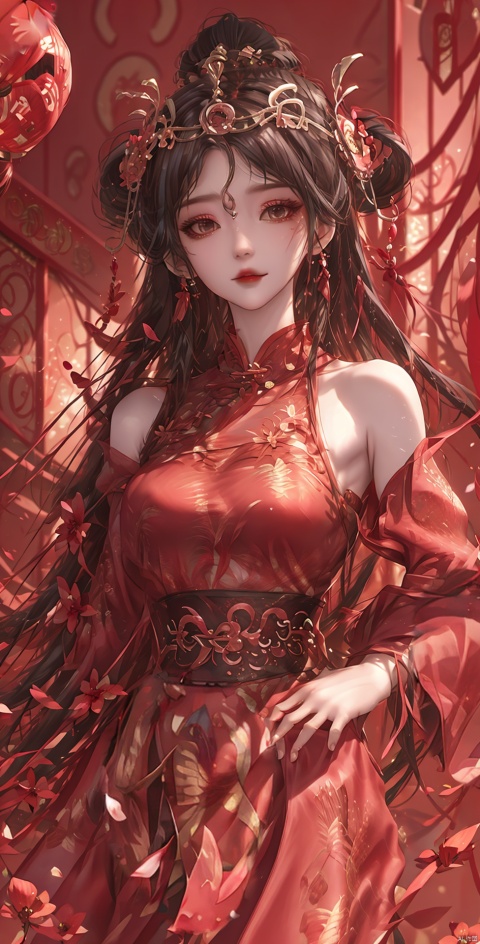  ,black hair,,1girl, long hair, looking at viewer, , bangs, hair ornament, long sleeves, dress, closed mouth, flower, hair flower, blurry, blurry background, chinese clothes, red dress, chinese new year,HAPPY NEW YEAR,hand_on_hip, bare shoulders,A slim figure, hydress-hair ornaments