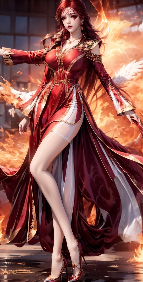  red hair,phoenix wings,fiery wings,fiery background,flame,1girl, solo, long hair, red dress, long legs, high heels, exquisite and gorgeous clothes, charming smile,conservative conservative conservative clothes