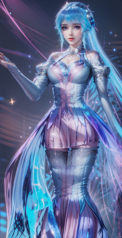 ,Waisted DRESS,blue butterfly,starry sky,short dress,short dress, ,1girl, solo, long hair, ,, gauze skirt, dress studded with sparkling diamonds, charming smile, crystal heart, high heels,long legs,The dress was studded with small pearls, xuer hologram Laser dress