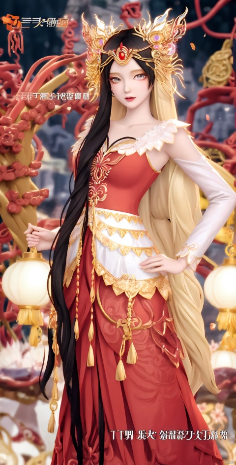 black hair,1girl, long hair, looking at viewer, , bangs, hair ornament, long sleeves, dress, closed mouth, flower, hair flower, blurry, blurry background, chinese clothes, red dress, chinese new year,HAPPY NEW YEAR,hand_on_hip, bare shoulders,A slim figure