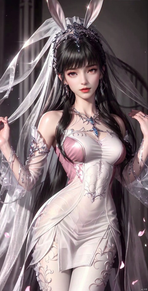 rabbit ears,twins,white theme, colorful blooming flowers, forming a dreamlike world, flower garden, flowers everywhere, greens, pinks, , cinematic, hunsha, 1girl, veil, solo, jewelry, bridal veil, black hair, realistic, earrings, necklace, bride, looking at viewer, red lips,(full_body),,,,huolinger