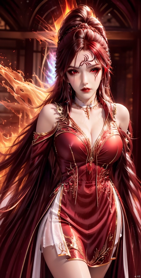 red hair,phoenix wings,fiery wings,fiery background,flame
 ,1girl, solo, long hair, looking at viewer, dress, very long hair, upper body, ponytail, braid, indoors, , collar, pink dress, braided ponytail, metal collar, jmai,