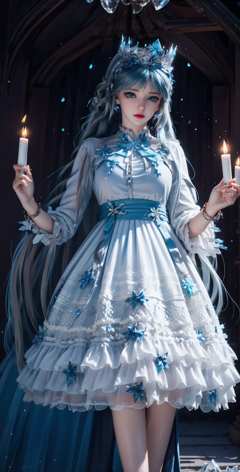 blue hair blue hair,full body,long legs
, 1 girl, solo, long hair, blue eyes, dress, jewelry, very long hair, indoor, white dress, bracelets, crown, candles, snowflakes,
simple background, blur, blue background, gems, ice, blue theme, crystal,