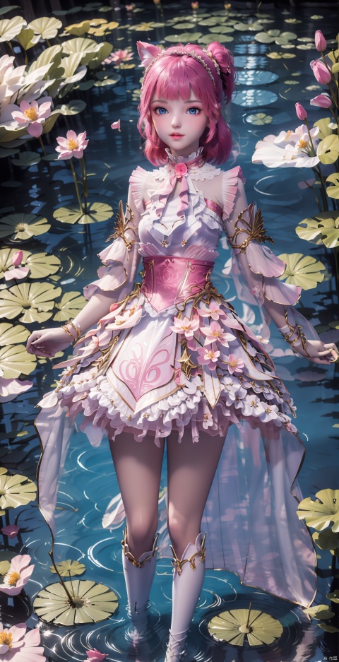 1girl, solo, long hair, breasts, looking at viewer, , dress, animal ears, bare shoulders, jewelry, medium breasts, sitting, closed mouth, full body, braid, flower, earrings, sleeveless, water, , see-through, petals, sleeveless dress, pink dress, braided ponytail, rock, long dress, ripples, lily pad, pond