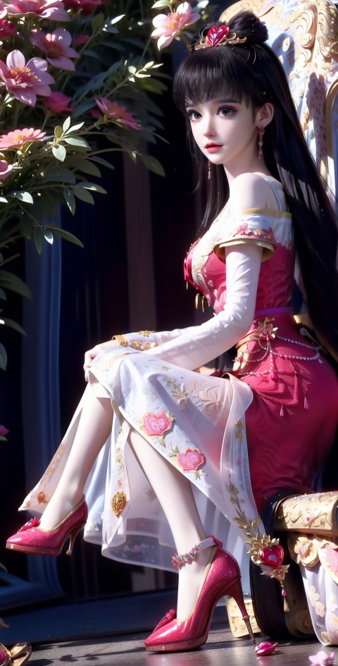 1girl, solo, long hair, looking at viewer, black hair, dress, bare shoulders, jewelry, sitting, full body, flower, earrings, white dress, high heels, from side, white footwear, cherry blossoms, pink dress, hand on own knee, ((poakl))
