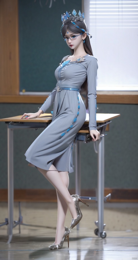  long legs,high heels,embellished costume,school desk,,teacher,bespectacled,