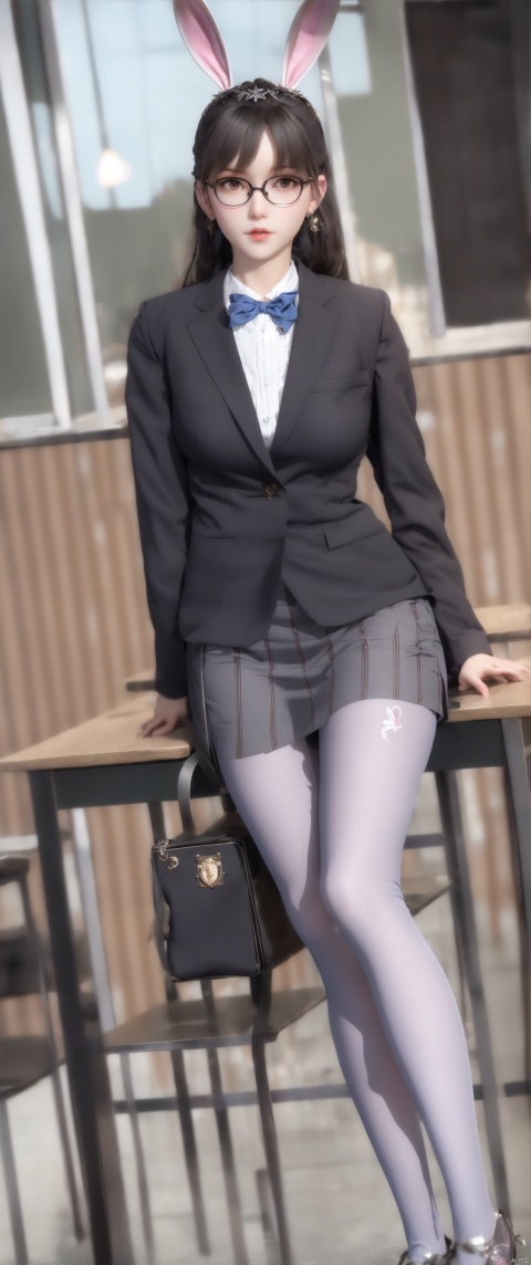  1 girl, bunny earrings,rabbit ears,embellished costume,school desk,lecturing,school uniform,school briefcase,teacher,bespectacled,A medium-sized chest,Black pantyhose,Sit, , 1girl,bag,skirt, sitting