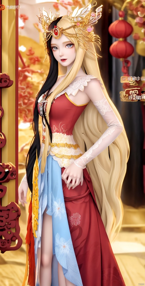 black hair,blonde hair,1girl, long hair, looking at viewer, , bangs, hair ornament, long sleeves, dress, closed mouth, flower, hair flower, blurry, blurry background, chinese clothes, red dress, chinese new year,HAPPY NEW YEAR,hand_on_hip, bare shoulders,A slim figure
