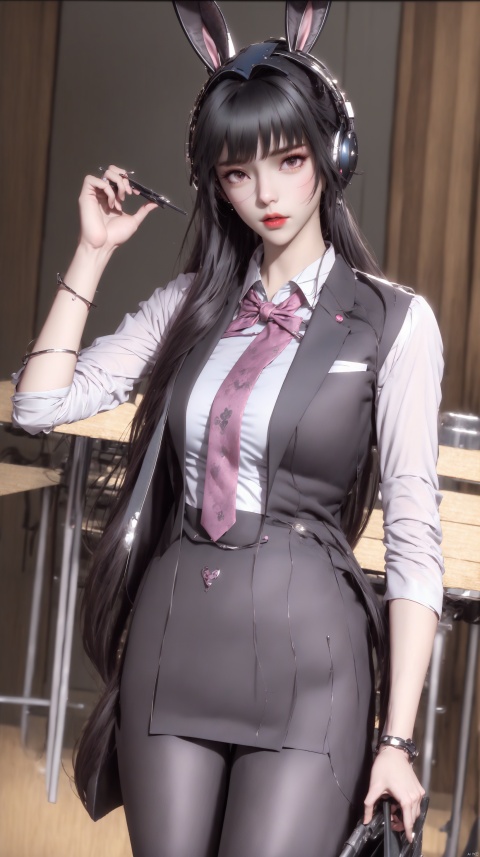  bunny headphones,embellished costume,school desk,lecturing,school uniform,school briefcase,teacher,bespectacled,