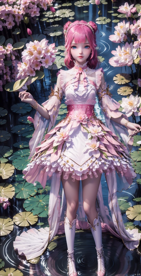 1girl, solo, long hair, breasts, looking at viewer, , dress,, bare shoulders, jewelry, medium breasts, sitting, closed mouth, full body, braid, flower, earrings, sleeveless, water, , see-through, petals, sleeveless dress, pink dress, braided ponytail, rock, long dress, ripples, lily pad, pond