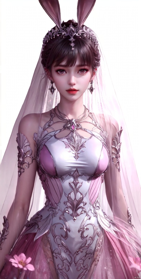 rabbit ears,twins,white theme, colorful blooming flowers, forming a dreamlike world, flower garden, flowers everywhere, greens, pinks, , cinematic, hunsha, 1girl, veil, solo, jewelry, bridal veil, black hair, realistic, earrings, necklace, bride, looking at viewer, red lips,(full_body),,,,huolinger