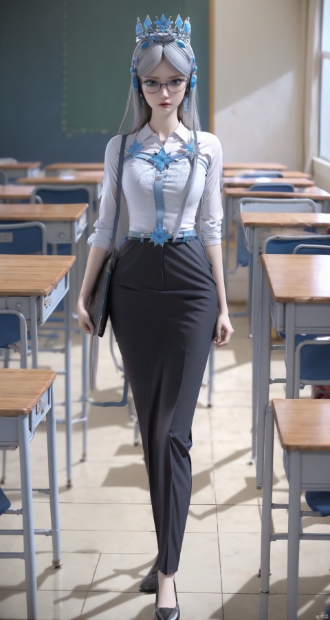  bunny headphones,embellished costume,school desk,lecturing,school uniform,school briefcase,teacher,bespectacled,