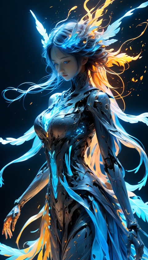 masterpiece,best quality,
1girl,Detailed complex chaotic seascape blue burning light mysterious silhouette of phoenix,fung-hwang,UV-reactive,blue light art concept by Waterhouse,Carne Griffiths,Minjae Lee,Ana Paula Hoppe,Stylized florescent art,Intricate,Complex contrast,HDR,OverallDetail,mineral color painting,bailing_robot,robotics,machine_robo,Matte Metal,