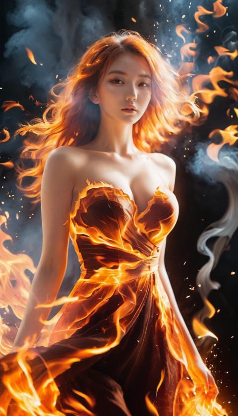 bailing_light element, fire element,(fire element:1.1),composed of fire elements,(1girl:1.2),,burning,(a girl wrapped in flames soaring flames radiating sparks),the burning hand,fire,flame print,flame skin,fiery hair,smoke,cloud,cleavage,big breasts,
grainy,photograph fprompt),50mm . cinematic 4k epicdetailed 4k epic detailed photograph shot on kodakdetailed cinematic hbo dark moody,35mm photo,grainy,vignette,vintage,Kodachrome,highly detailed,