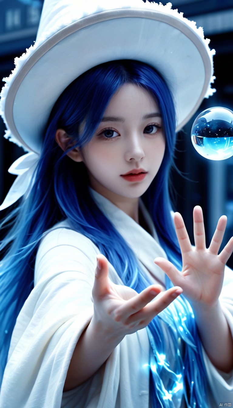  with blue skin blue hair wearing a large white witch hat standing,holding a glowing blue magic energy orb in her hands,dark background,particle effects,highly detailed,ultra-high resolutions,32K UHD,best quality,masterpiece,ukl,1girl,Exaggerated perspective,ultra wide shot,reaching out hand,foreshortening,on the tokyo street,realistic,highres,female focus,solo,snowy day,scarf,hat,flying snow,fish-eye len,fish eye angle,