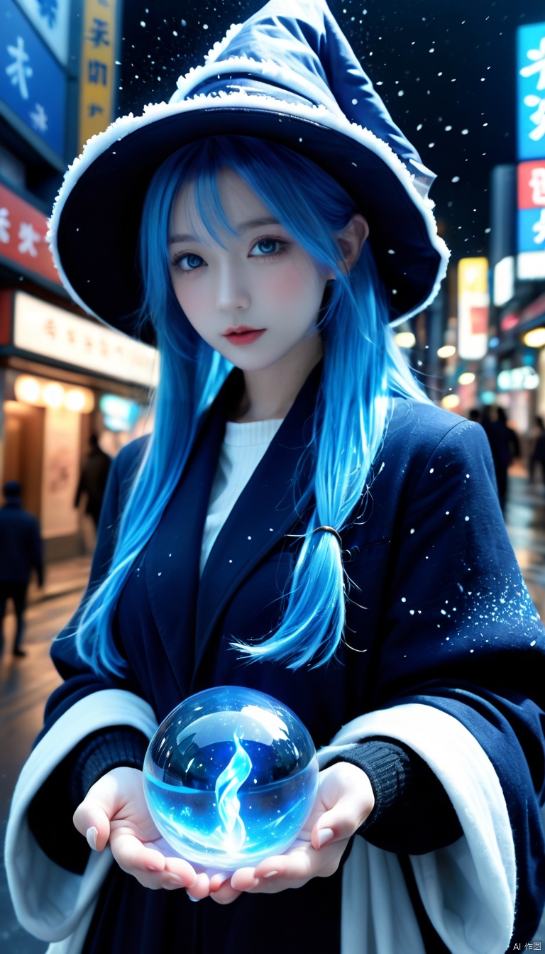  with blue skin blue hair wearing a large white witch hat standing,holding a glowing blue magic energy orb in her hands,dark background,particle effects,highly detailed,ultra-high resolutions,32K UHD,best quality,masterpiece,ukl,1girl,Exaggerated perspective,ultra wide shot,reaching out hand,foreshortening,on the tokyo street,realistic,highres,female focus,solo,snowy day,scarf,hat,flying snow,fish-eye len,fish eye angle,