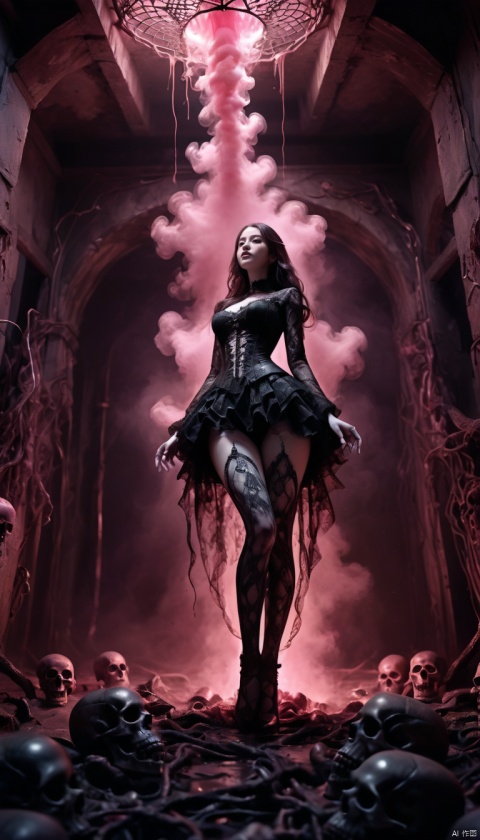 anatomically correct,((Best quality)),((Masterpiece)),((Realistic)),UHD,axial symmetry,Woman wearing leggings and medieval lace decorated armor,sit down,Cave filled with pink smoke. smile,There was a hint of malice in his eyes. In a mesmerizing and nightmarish environment,Surrounded by nets,Full of bloody atmosphere. Skeletons and skulls are scattered throughout the scene,The blood vessels and floating brains add to the terrifying atmosphere. This high-quality image captures the dark and terrifying essence of,Ideal for projects that require an eerie and haunting aesthetic.dramatic lighting,high contrast,sultry expression,Detailed texture, bailing_light element