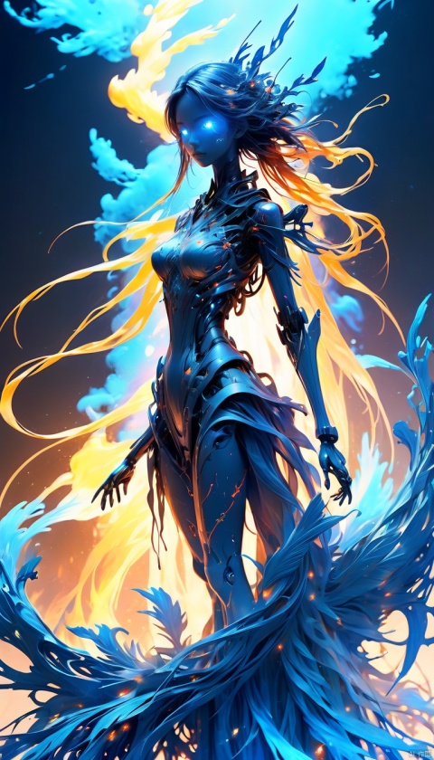 masterpiece,best quality,
1girl,Detailed complex chaotic seascape blue burning light mysterious silhouette of phoenix,fung-hwang,UV-reactive,blue light art concept by Waterhouse,Carne Griffiths,Minjae Lee,Ana Paula Hoppe,Stylized florescent art,Intricate,Complex contrast,HDR,OverallDetail,mineral color painting,bailing_robot,robotics,machine_robo,Matte Metal,
