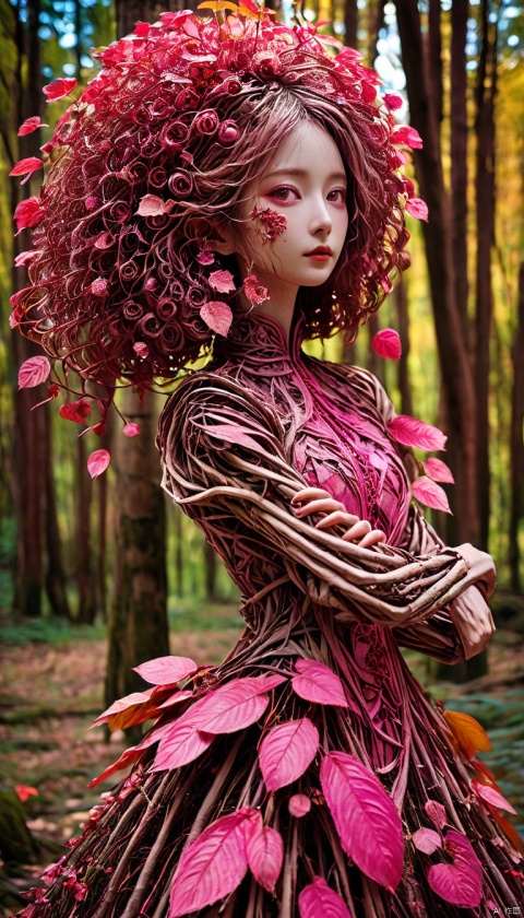  ,bailong plant girl,(1girl:1.1),a girl made out of dead pink plants,in the outdoor forest,in autumn, bailong plant girl