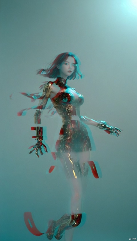  1girl,Surrounded by rotating transparent red scrolls,floating transparent red Chinese characters,dynamic,rotating,1 man standing in the air,not looking at the camera,writing calligraphy,solo,blue eyes,holding,weapon,holding weapon,glow,robot,mecha,open_hand,v-fin,movie lighting,strong contrast,high level of detail,best quality,masterpiece,female venom,perfect body,slender figure,,bailing_glitch_effect,(gold:1.2), bailing_glitch_effect