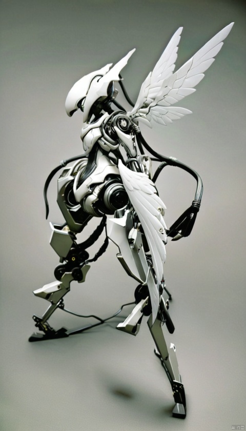  ,future technologies,bailing_robot,robot,robotics,machine_robo,A metal robot with delicate mechanical patterns,gradient,Partial texture of a metal robot,gradient background,grey background,Technological Fantasy,monochrome,solo,weapon,greyscale,no humans,simple background,1girl,Matte Metal,wings,wire,machine_rob, figure