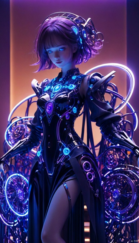  ,future technologies,bailing_robot,robot,robotics,machine_robo,gradient,Partial texture of a metal robot,simple background,(1girl:0.6),mecha musume,Matte Metal,wire,high quality exquisite wallpaper,The girl was surrounded by magic arrays,blue_eyes,standing,cinematic lighting,strong contrast,sharp eyes,photon force field,purple and blue glowing neon lights,wide_shot,robot girl,blue theme,intricate glowing lace,1 girl figure is slender medium breasts clothes show cleavage,magic circle,magic array,magic circles,,machine_rob